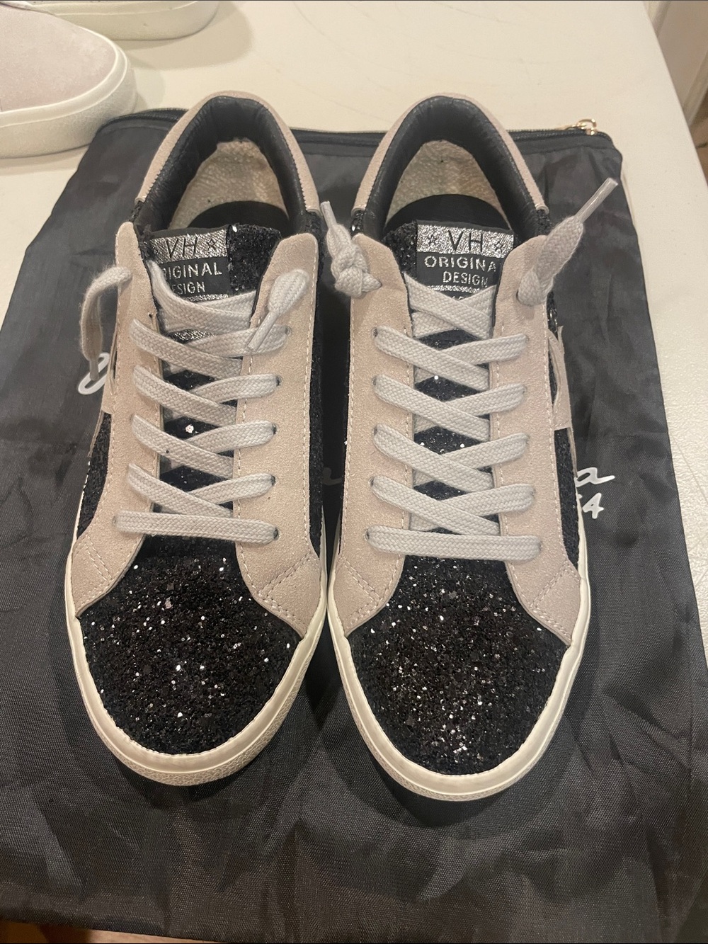 Vintage Havana Black Glitter & Taupe Suede Lace-Up Sneakers